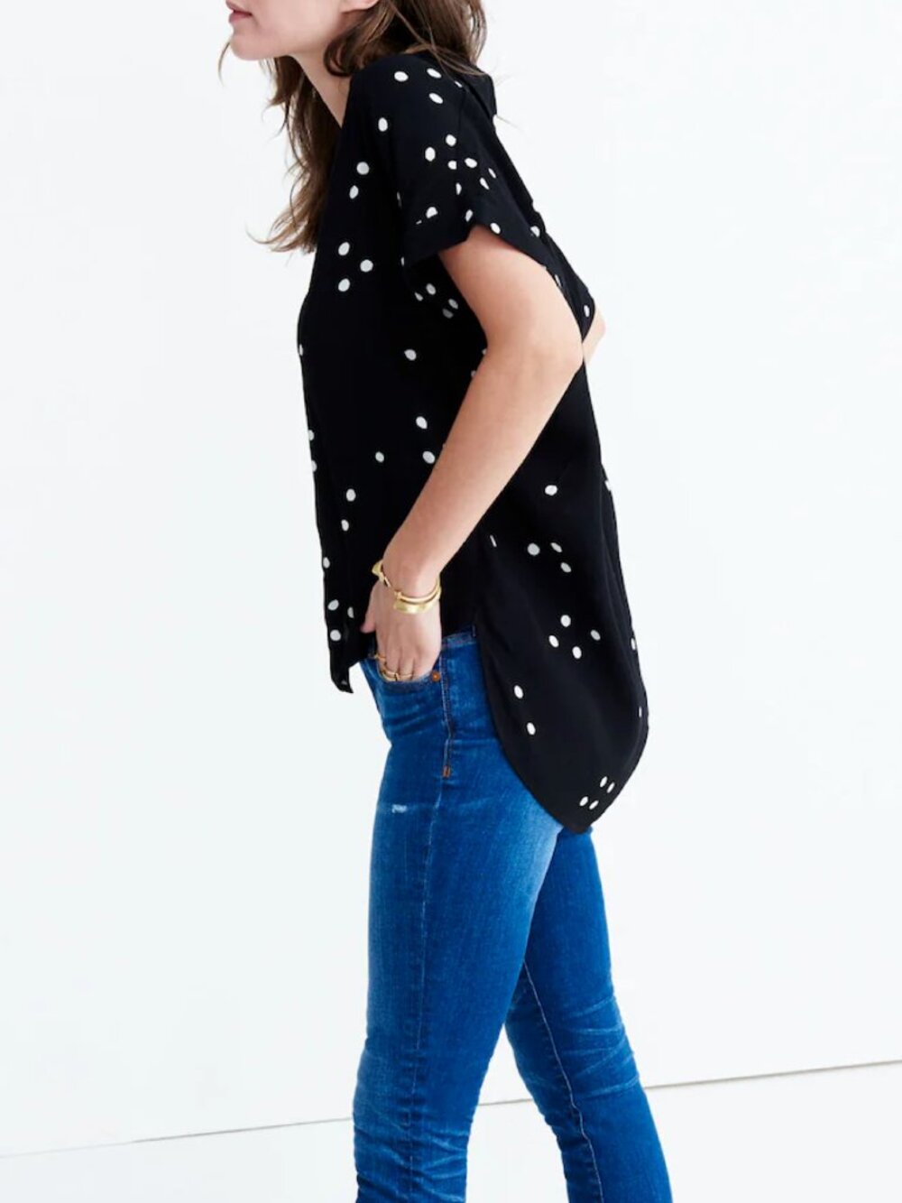 Madewell Central Drapey Shirt in Dot Toss Black & White Polka Dot Blouse xxs